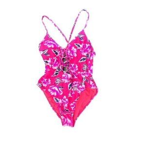 Colorful One Piece Lace Up‎ Front Swimsuit Size Large Pool Beach Tie Back Floral